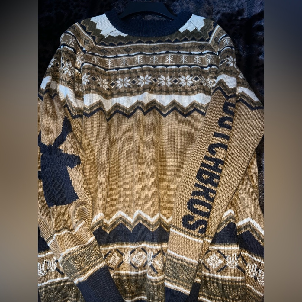 Dutch Bros Sweater Mustard Navy Fair Isle Unisex Ribbed Knit Pullover